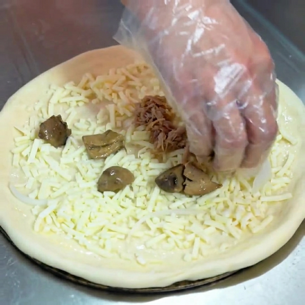Grzyby i szarpana wieprzowina rozkładane na spodzie pizzy z serem.