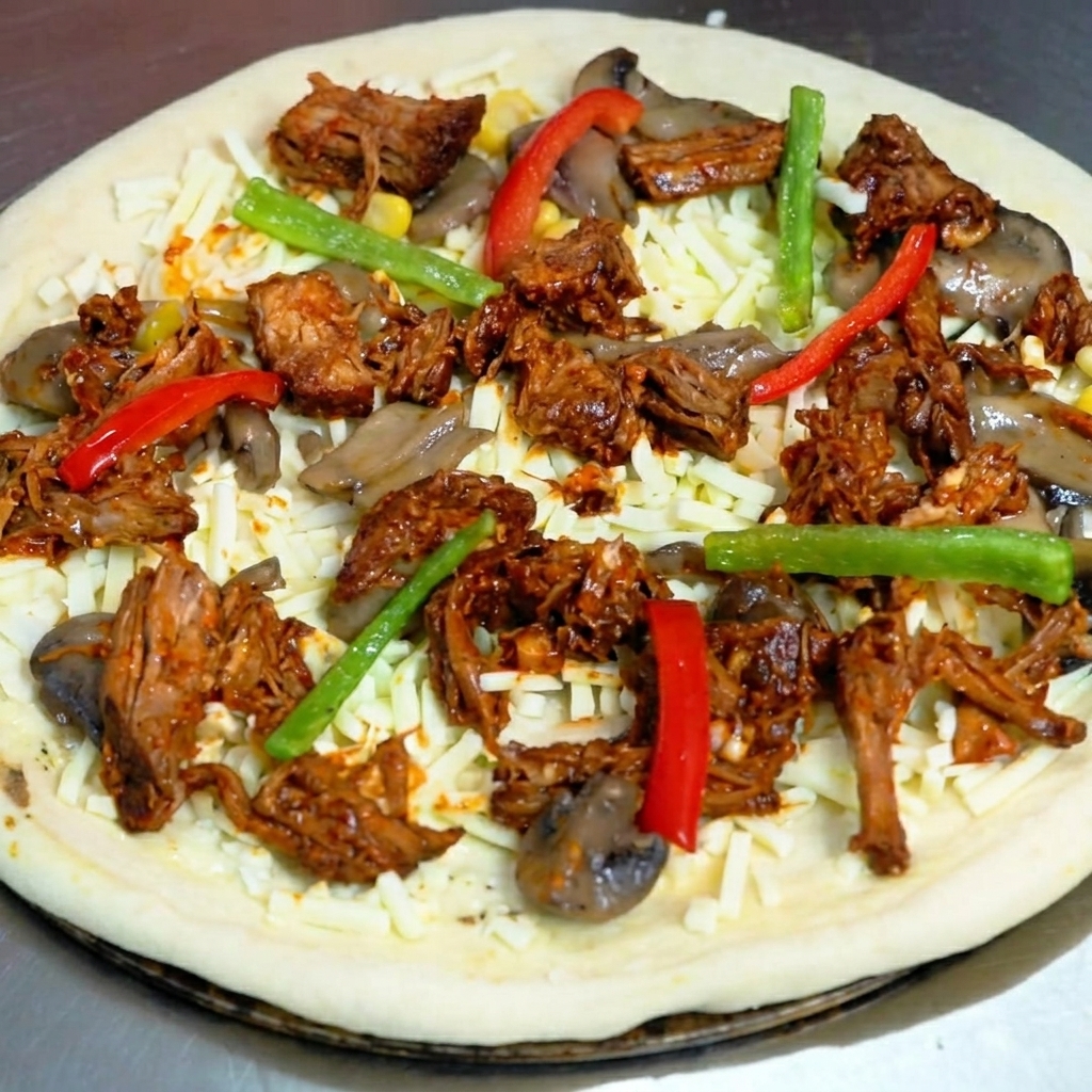 Pizza z papryką, kukurydzą i końcową warstwą tartego sera, gotowa do pieczenia.