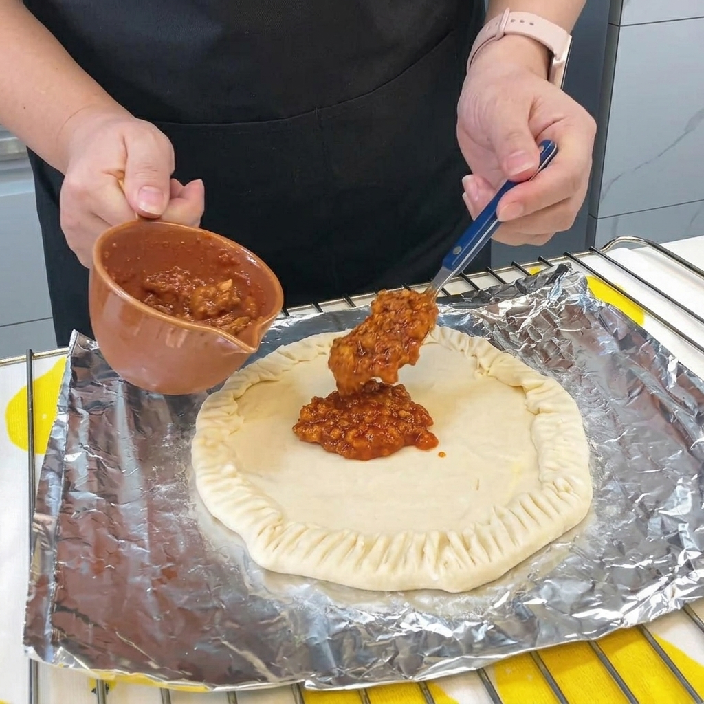 Spoonful gęstego sosu bolognese rozprowadzany na środku bazy z placków szczypiorkowych.