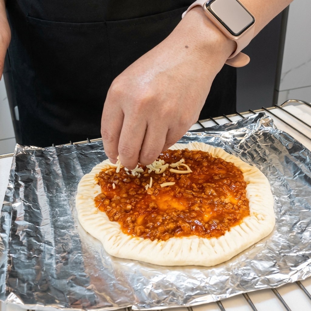 Ręka posypująca tartą mozzarellą bazę pizzy pokrytą sosem.