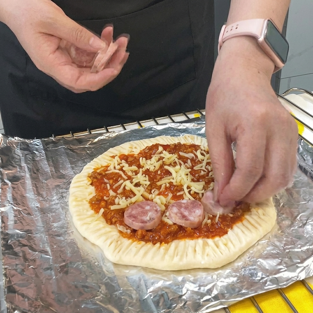 Plasterki kiełbasy układane w okrąg na warstwie sera.