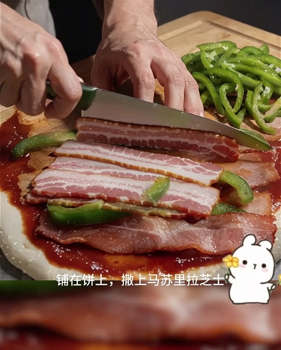 Pizza z rozłożonym boczkiem, warzywami i posypywana startą mozzarellą.