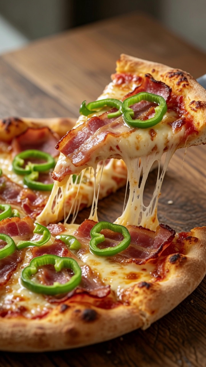 Wytrawna pizza z boczkiem, cebulą i zieloną papryką