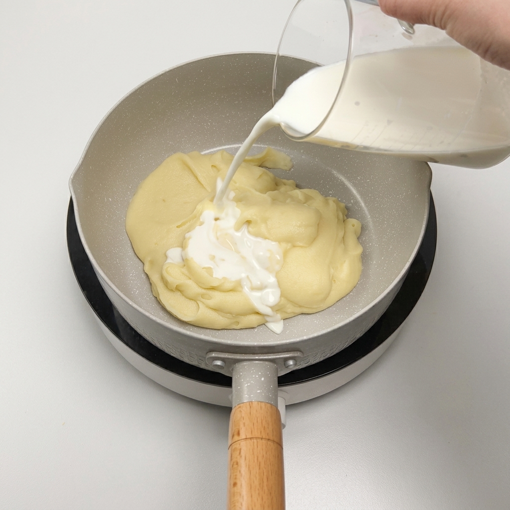 Wlewanie mleka z miarki do patelni z gładkim ziemniaczanym puree.
