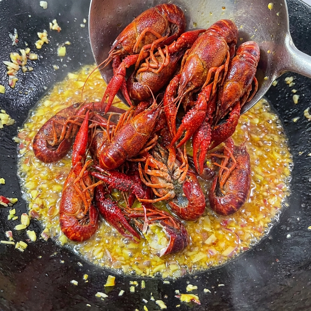 Zblanszowane raki mieszane z bazą ze smażonego czosnku i chili w woku.