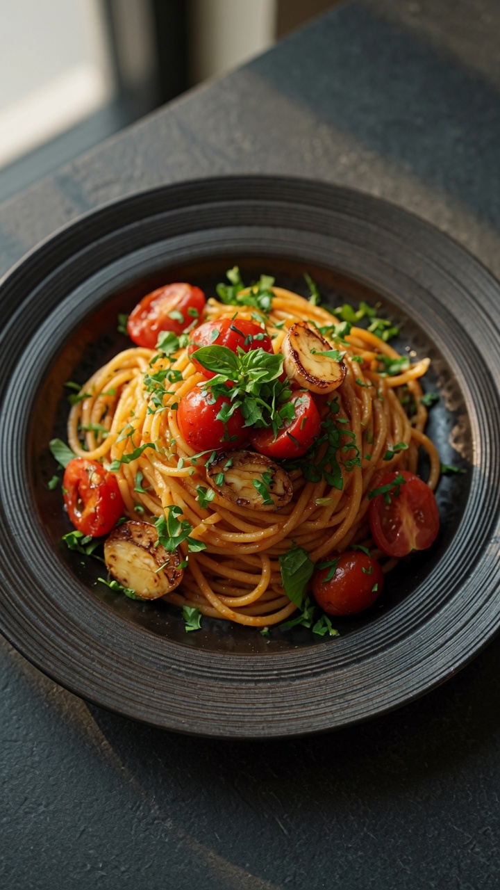 Spaghetti z pieczonym czosnkiem i pomidorkami