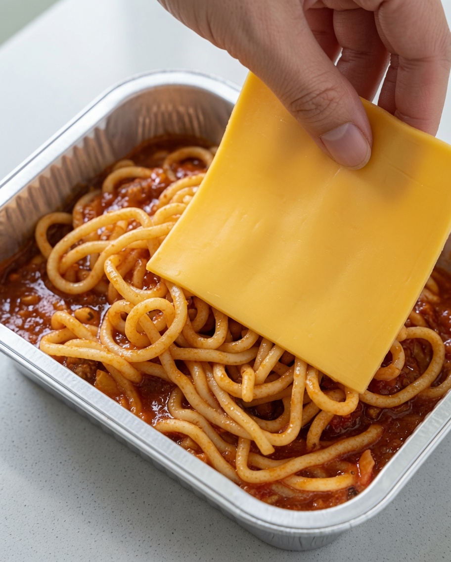 Dwa kwadratowe plastry żółtego sera ułożone na spaghetti pokrytym sosem pomidorowym.