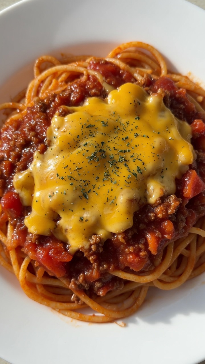 Talerz spaghetti w gęstym sosie pomidorowo-mięsnym, posypany roztopionym serem cheddar i suszoną pietruszką.