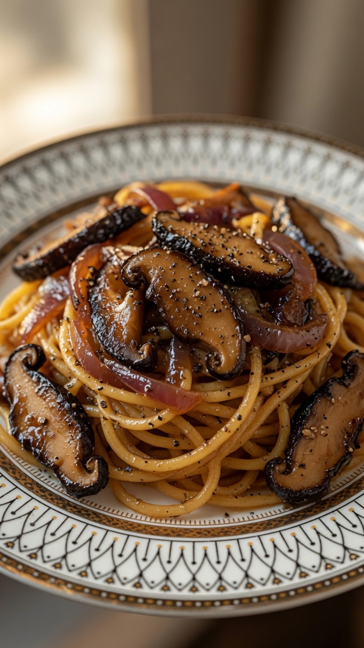 Spaghetti z grzybami w sosie pieprzowym