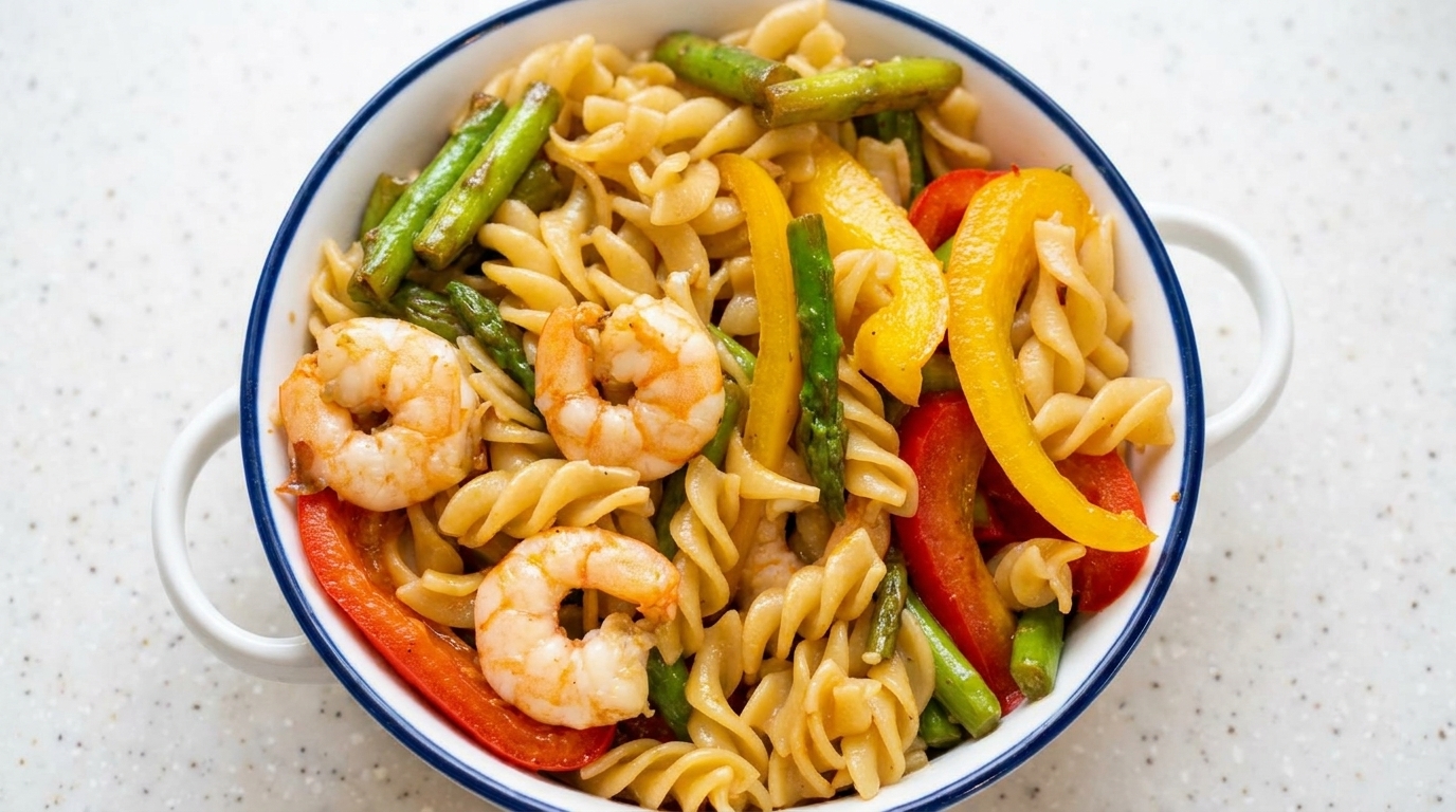 Szybki makaron stir-fry z krewetkami i warzywami
