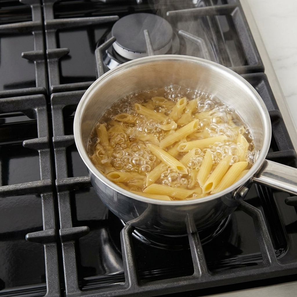 Makaron rigatoni dodawany do garnka z wrzącą, osoloną wodą na kuchence.