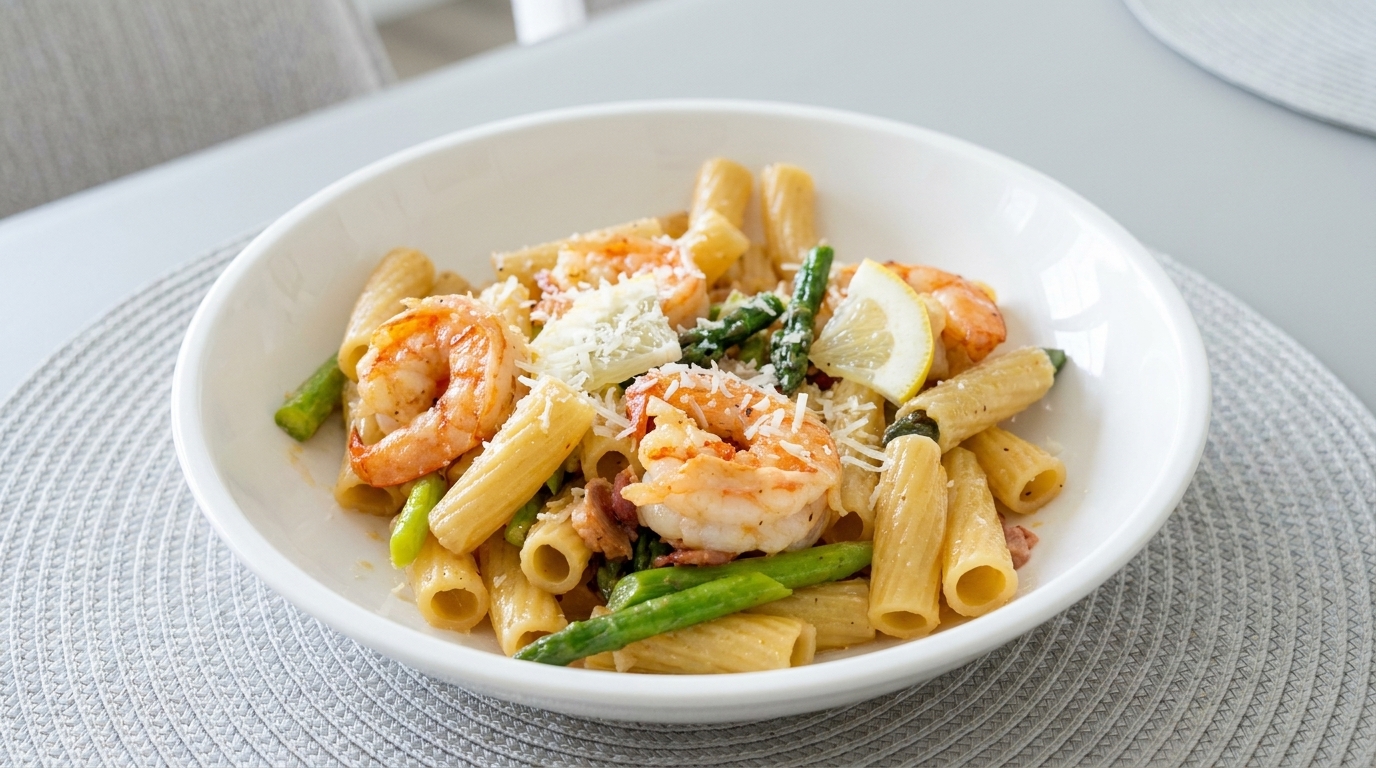 Rigatoni z krewetkami i szparagami