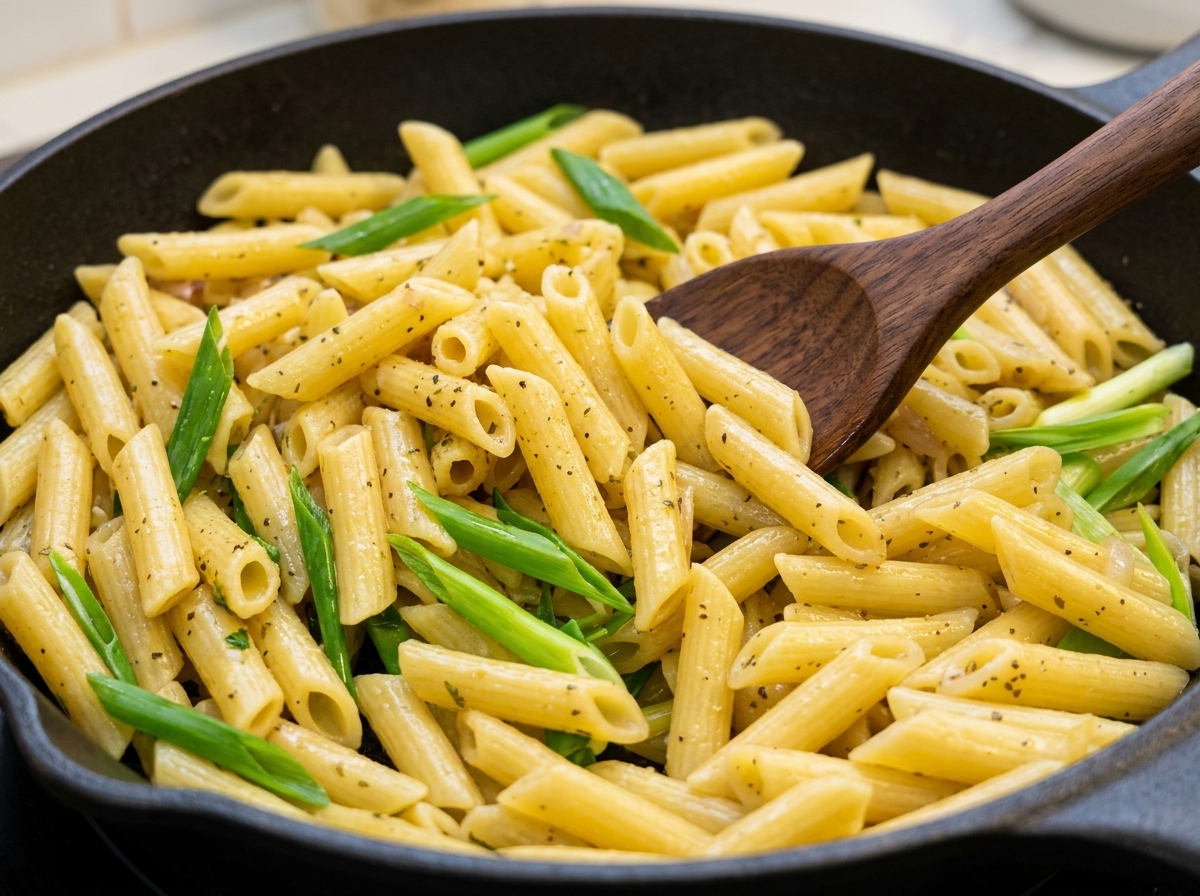 Makaron penne smażony z sosem pieprzowym i zielonymi pędami na żeliwnej patelni za pomocą drewnianej łopatki.