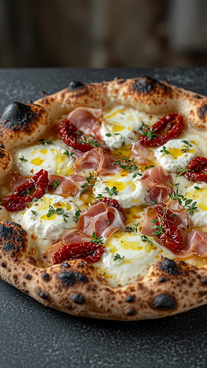 Autentyczna włoska pizza z kozim serem i pancettą