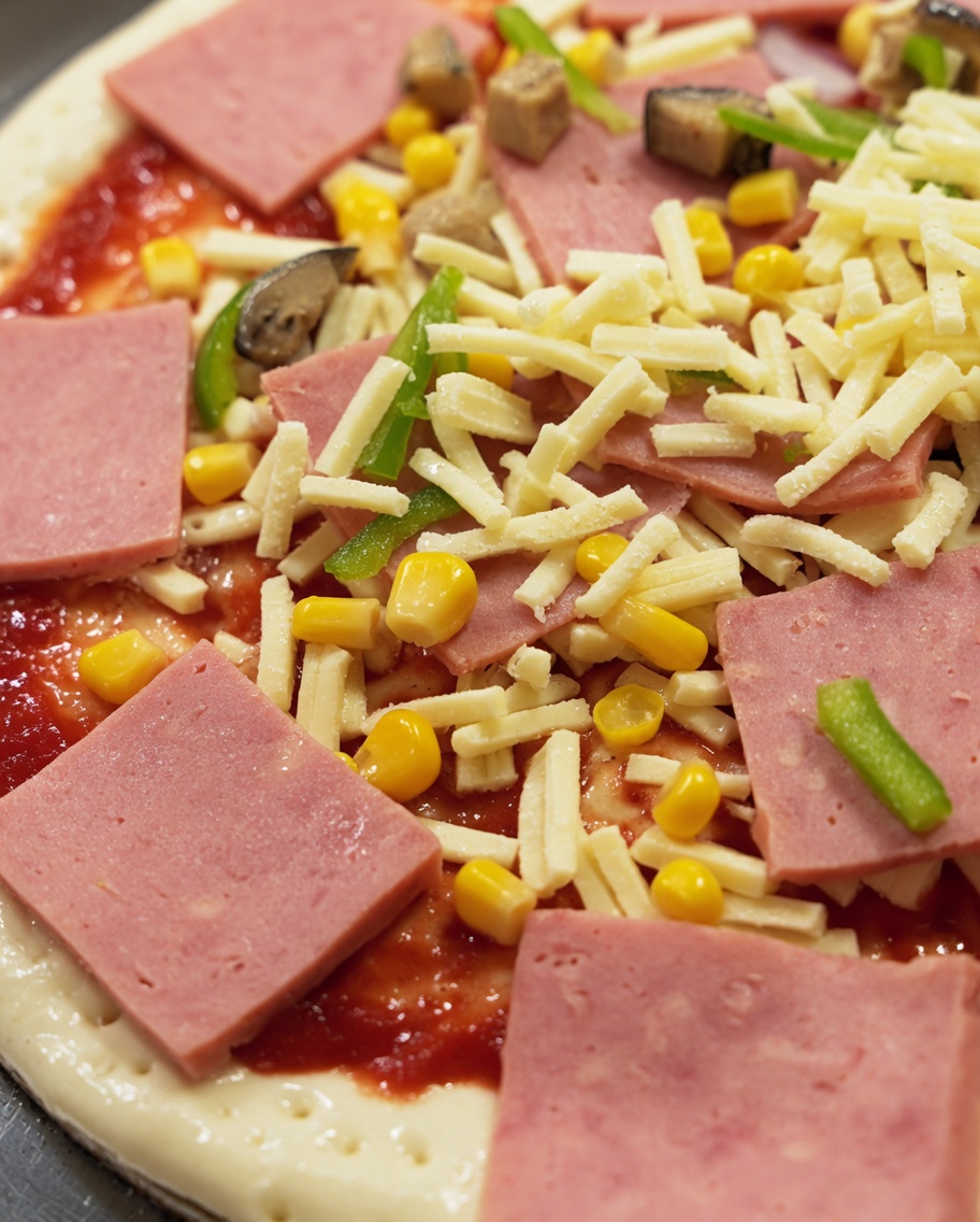 Posypywanie pizzy dodatkową porcją mozzarelli.