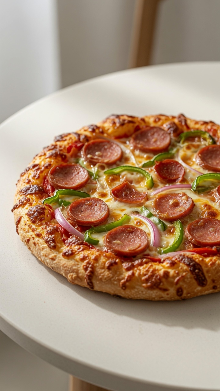 Domowa pizza z pomidorami i kiełbasą szynkową