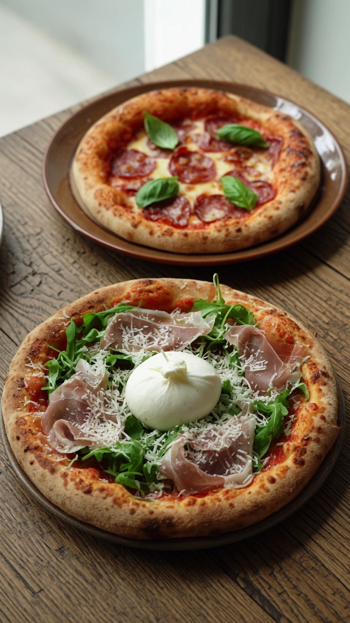 Dwie rzemieślnicze pizze na drewnianej desce – jedna wariacja ze świeżą burratą i prosciutto, a druga z klasycznym salami i bazylią.