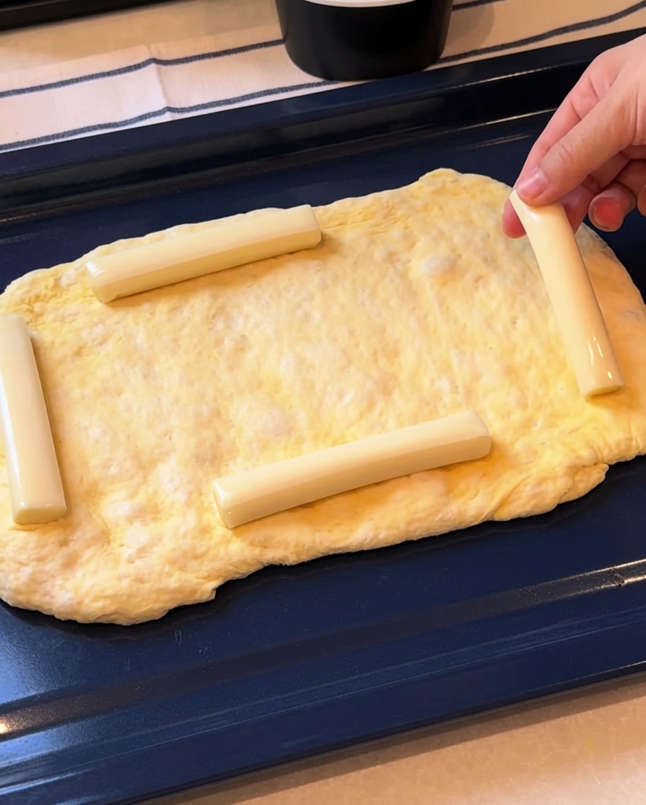 Dłonie zawijające brzegi ciasta na paluszkach mozzarelli, aby uformować nadziewane brzegi.