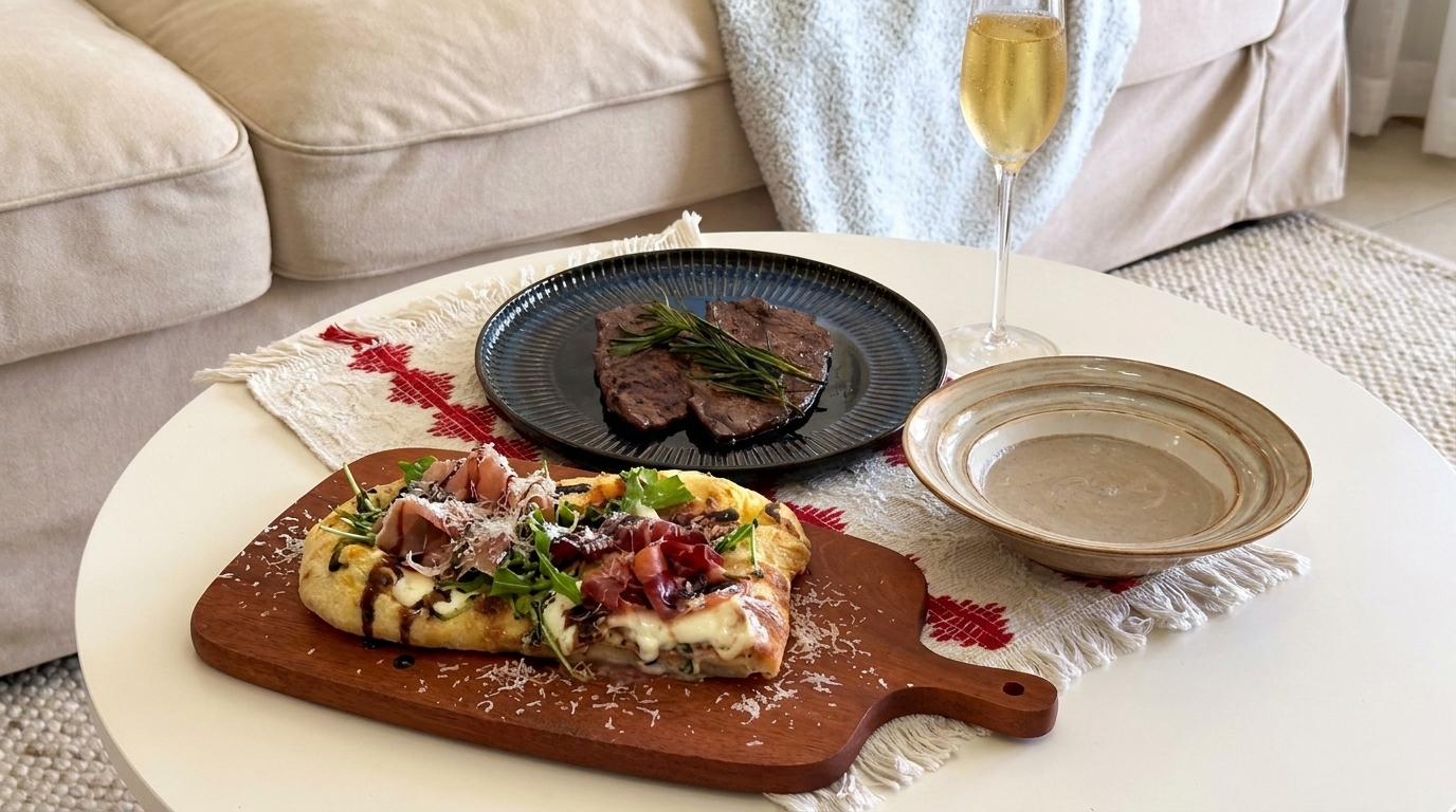 Włoska pizza z burratą i prosciutto podawana ze smażonymi stekami