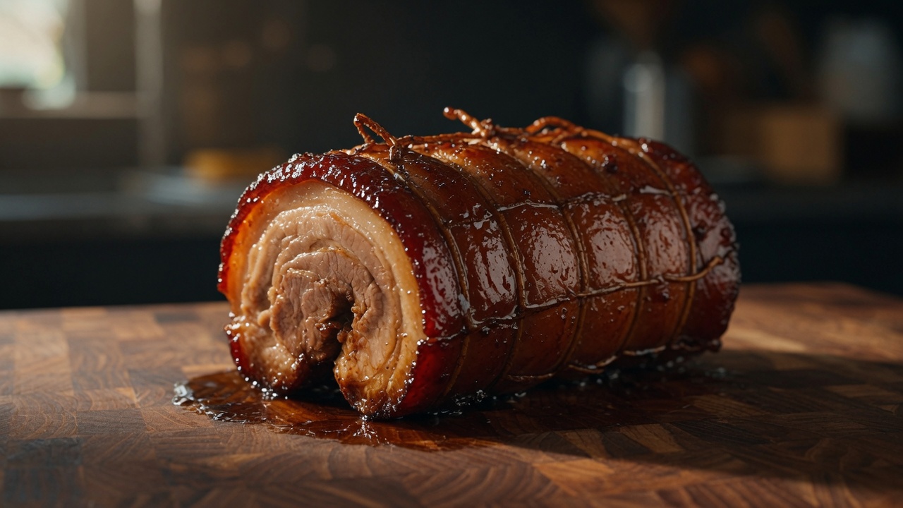 Idealnie skarmelizowana, zwinięta rolada Chashu, gotowa do pokrojenia i podania w ramenie.