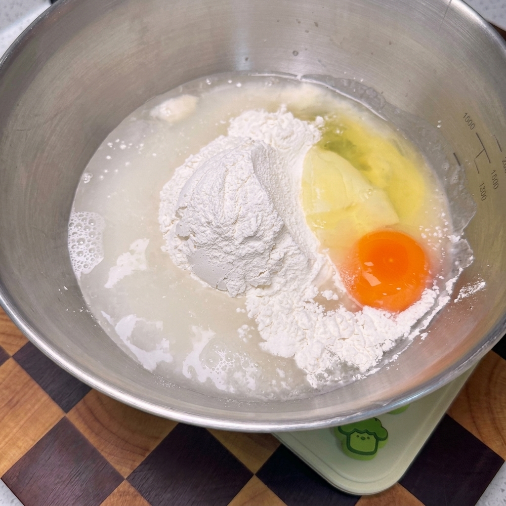 Trzepaczka mieszająca mąkę, jajko i płyny w misce, aż powstanie gładkie ciasto o jasnożółtym kolorze.