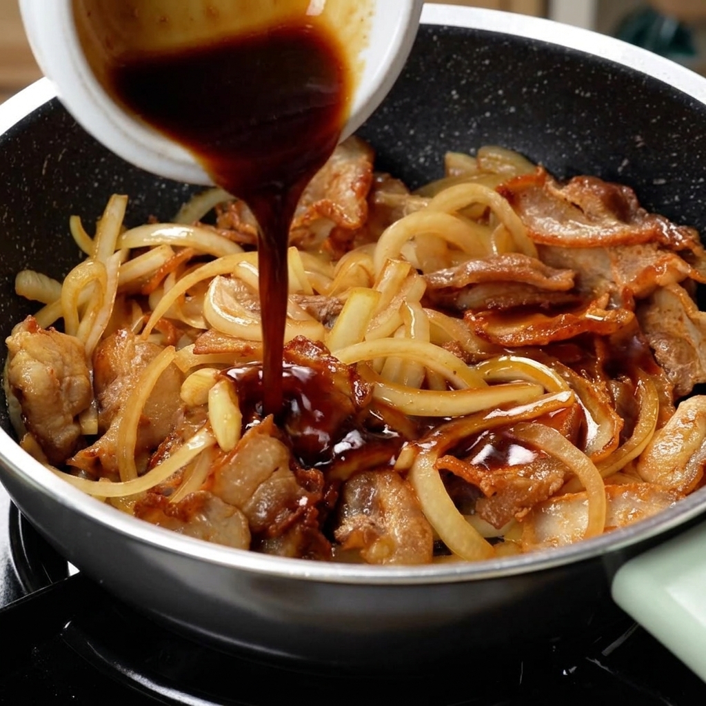 Sos yakiniku wylewany na mięso i cebulę w celu końcowego wymieszania.