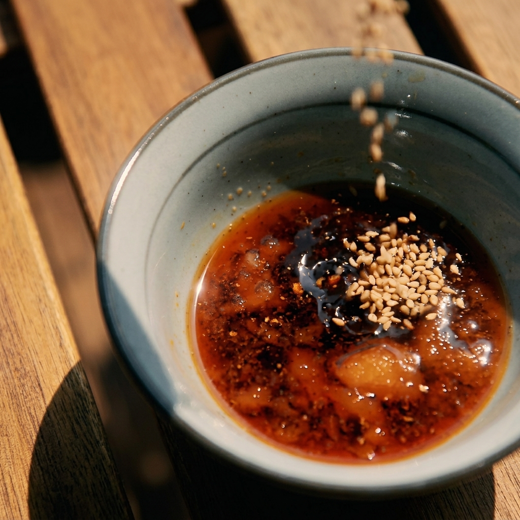 Ziarna sezamu wsypywane do miseczki z ciemnym sosem Yakiniku z widocznym olejem sezamowym.