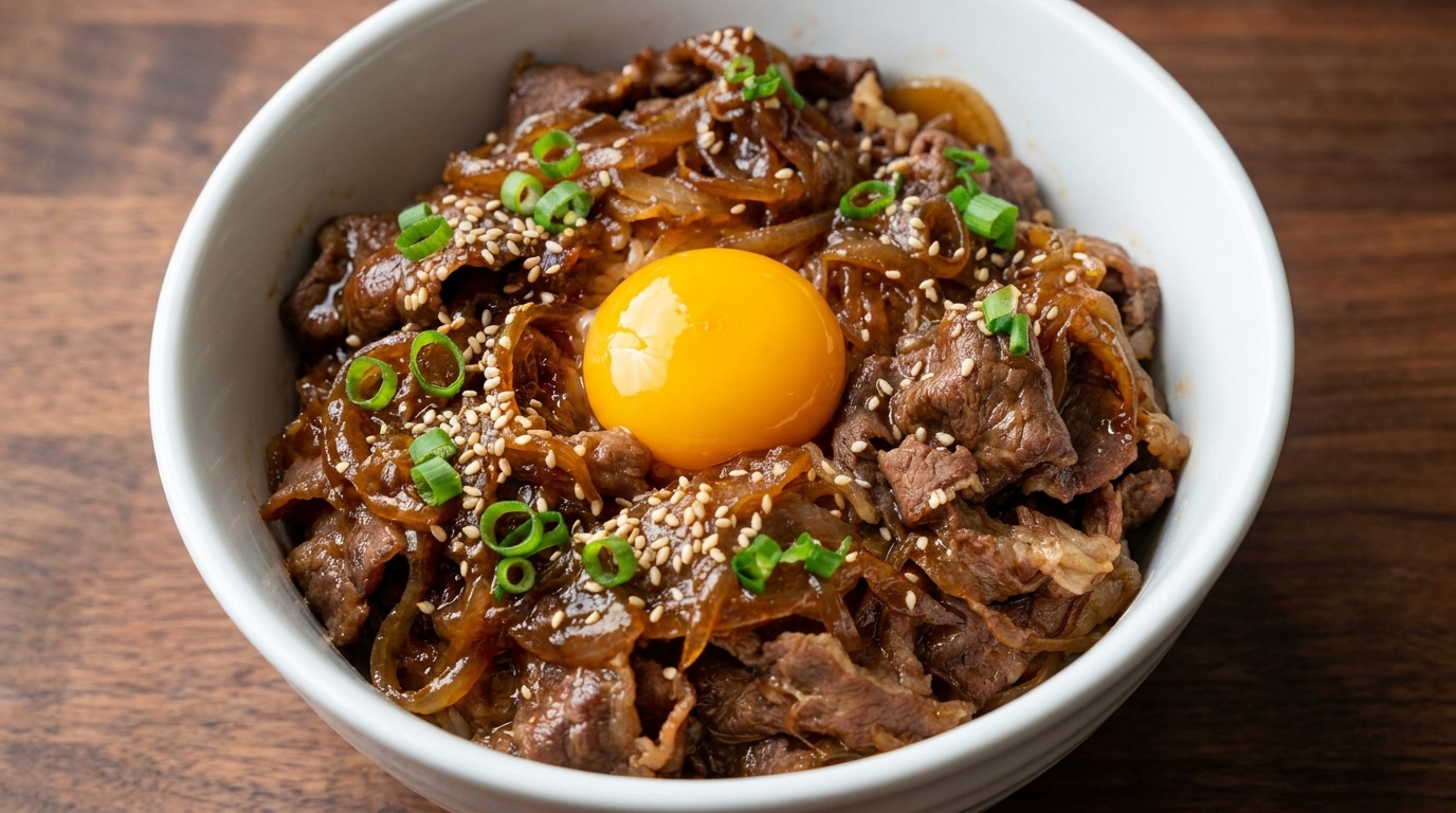 Japońska wołowina teriyaki na ryżu (w stylu Gyudon)