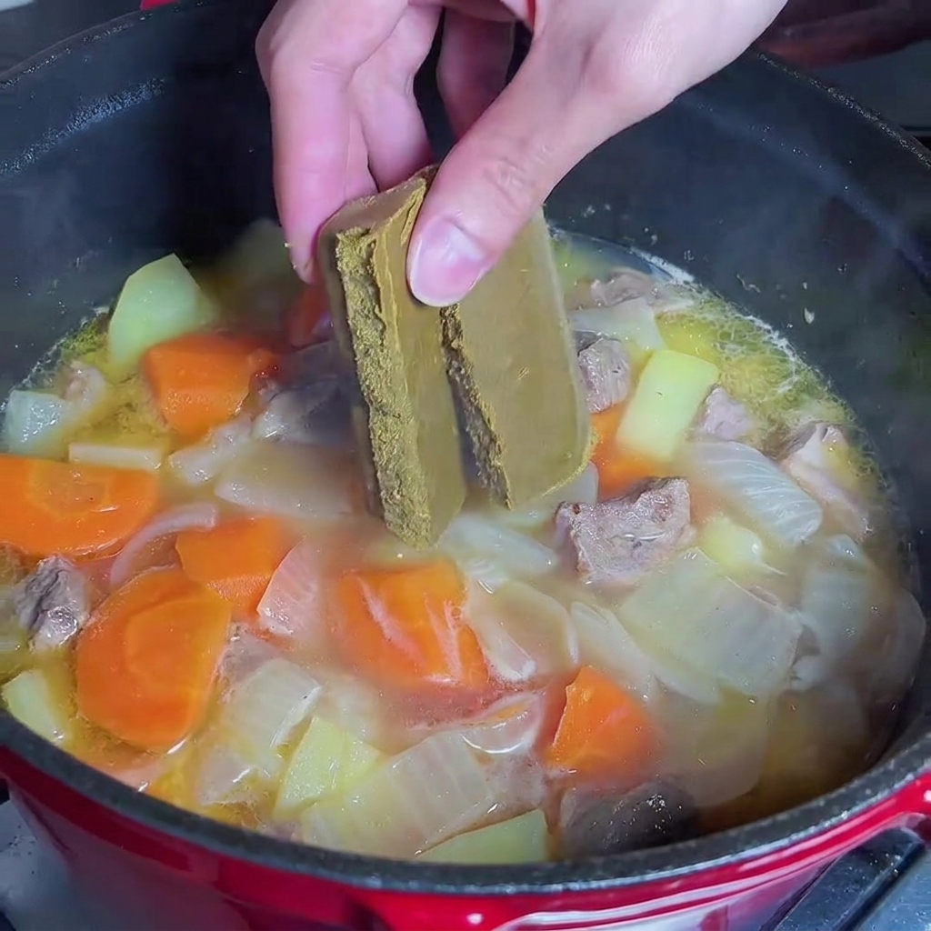 Ręka wkładająca kostki curry do gotującego się gulaszu.