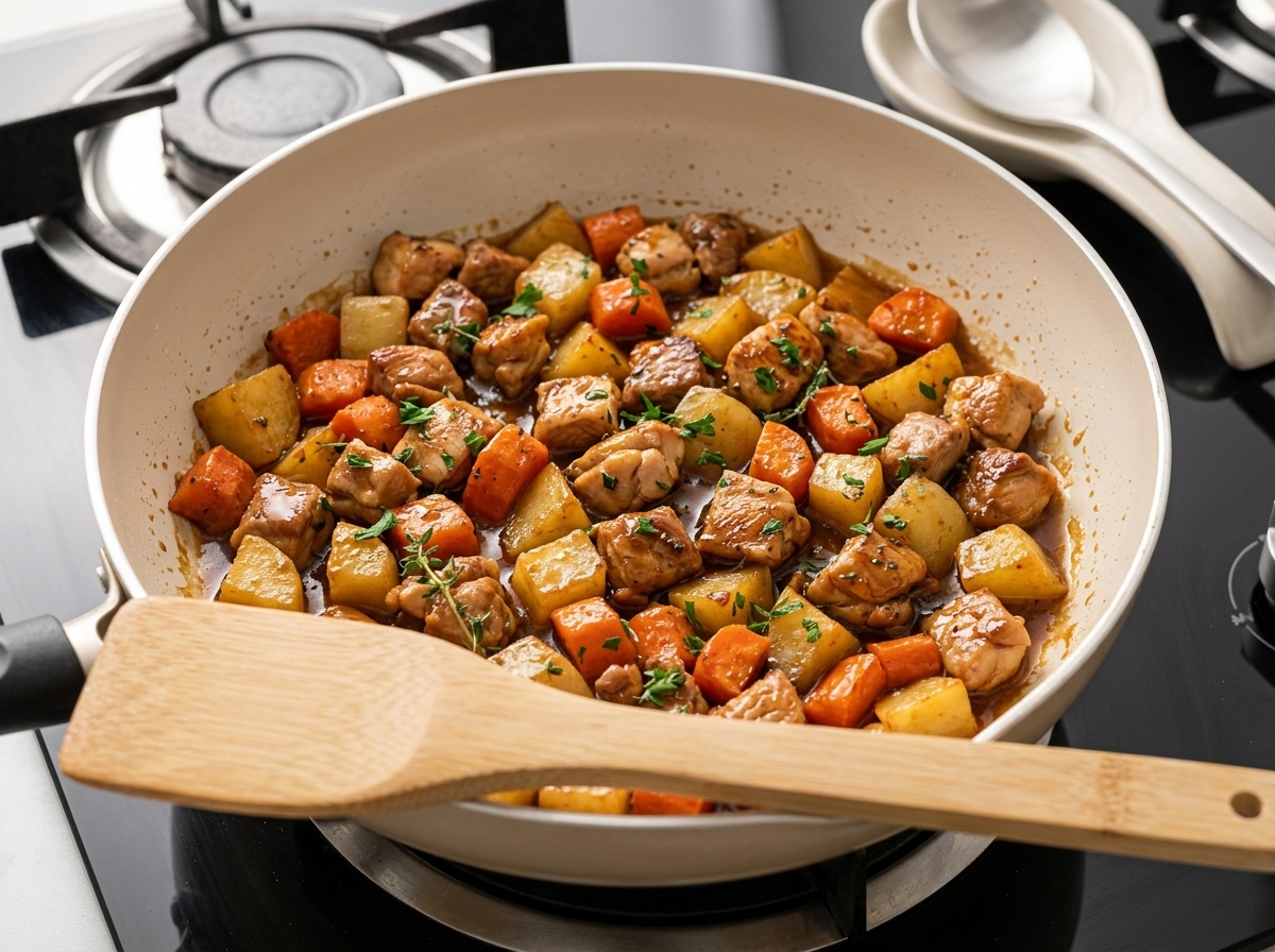 Kostki curry umieszczane na patelni z obsmażoną wołowiną i kolorowymi kawałkami warzyw.