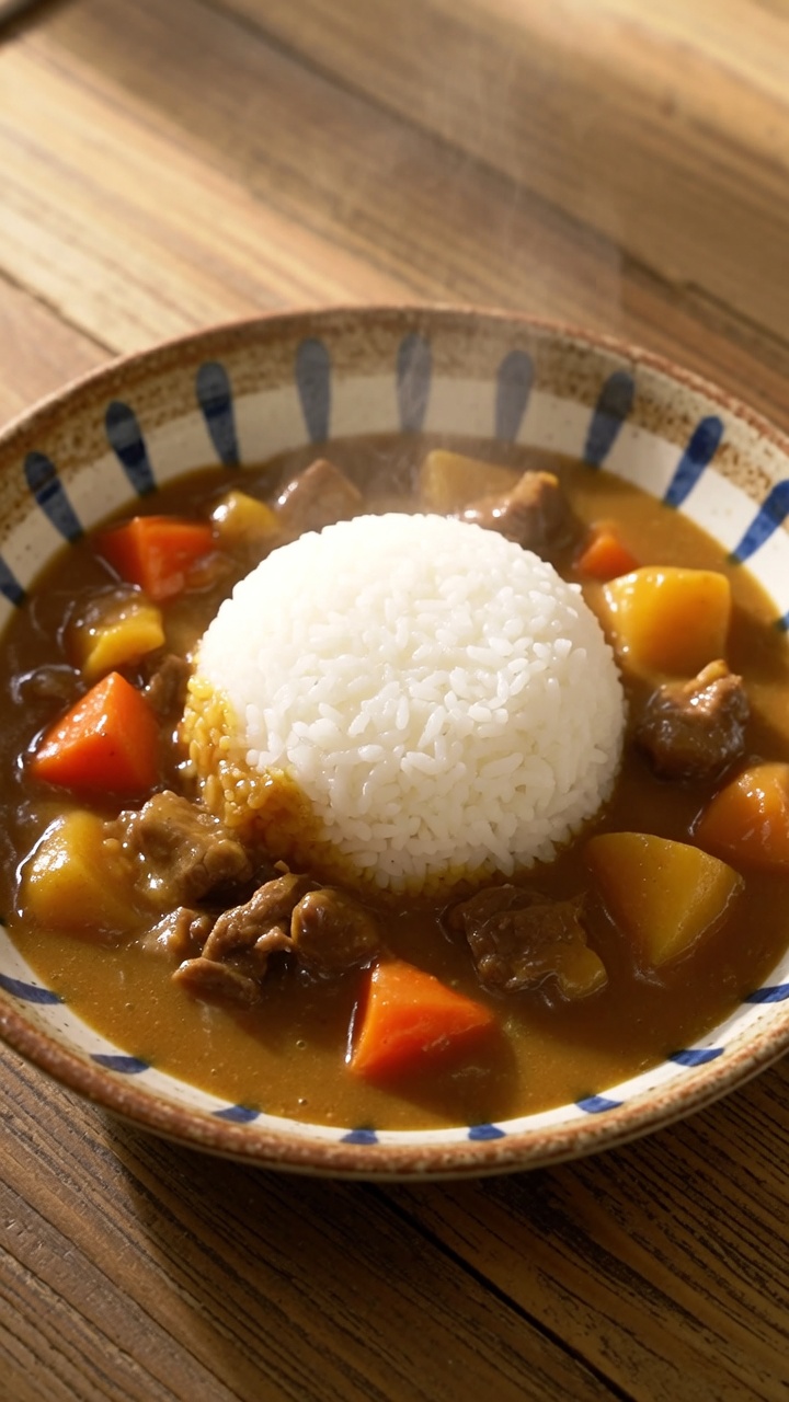 Parujący, pożywny talerz japońskiego curry z wołowiną podany z białym ryżem w tradycyjnej ceramicznej misce.