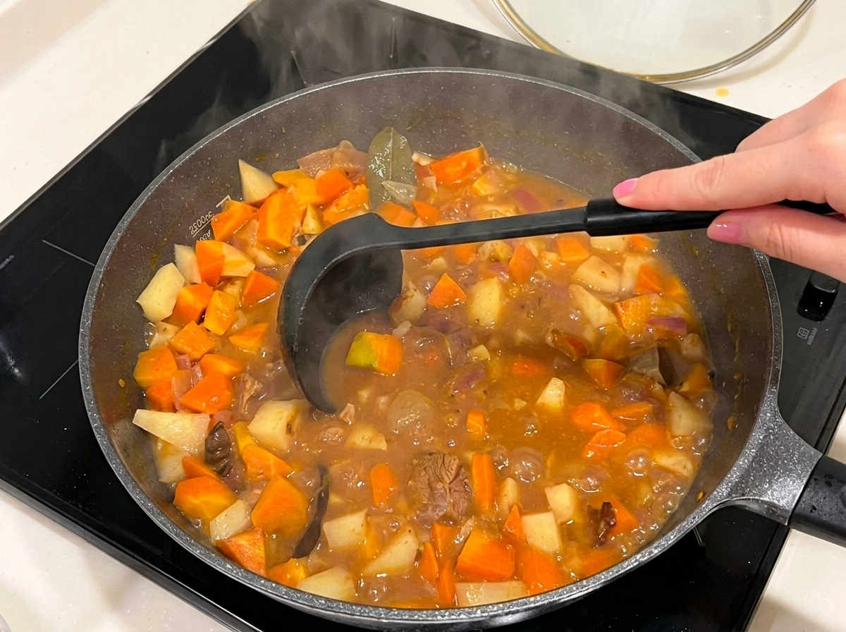 Zbliżenie na gęstniejący, ciemnobrązowy sos curry z kawałkami wołowiny i warzyw.