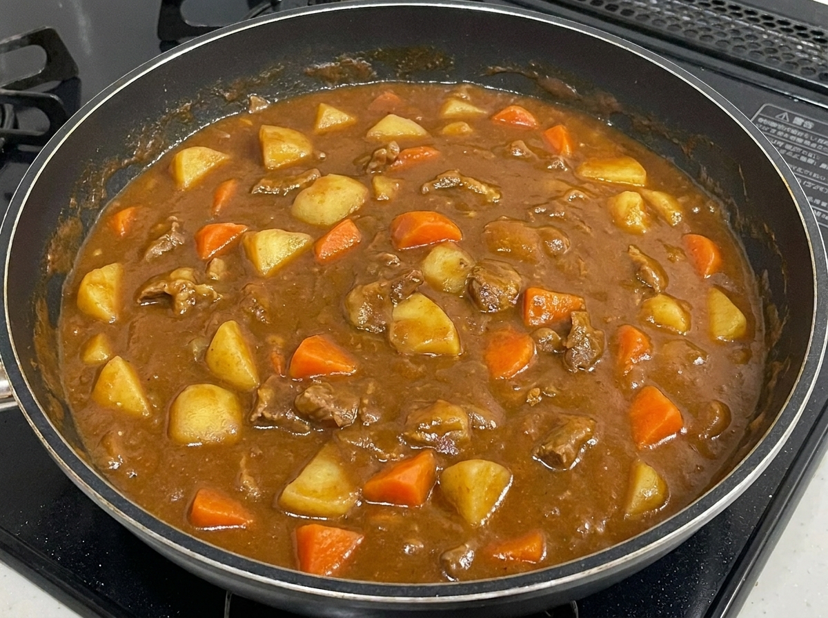 Strumień mleka wlewany do curry, mieszający się z gęstym sosem.