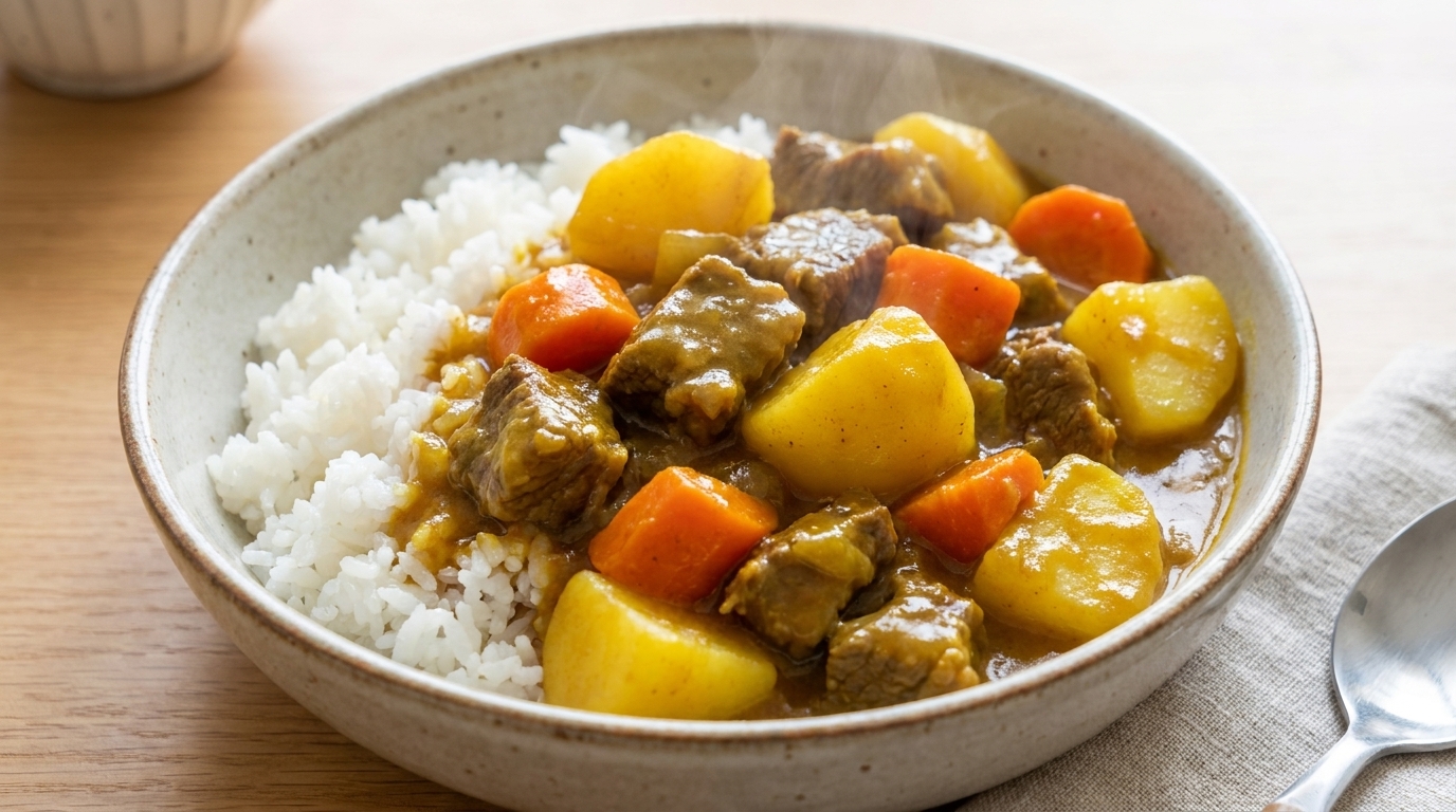 Sycąca miska kruchej wołowiny curry z ziemniakami i marchewką, podana na puszystym białym ryżu.