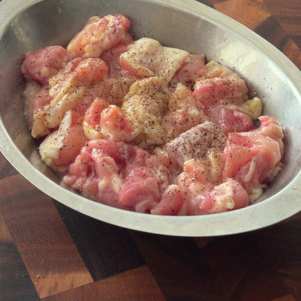Kawałki kurczaka z przyprawami w metalowej misce do mieszania.