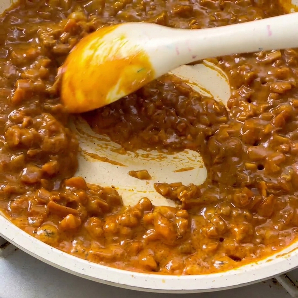 Gotowy gęsty, kremowy sos curry mieszany na patelni.