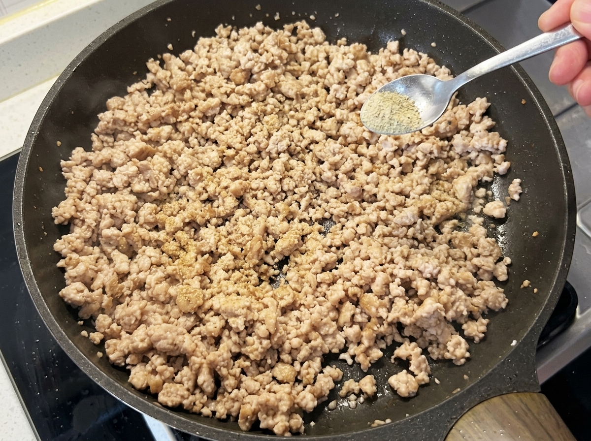 Posiekana cebulka i czosnek dodawane do podsmażonego mięsa.