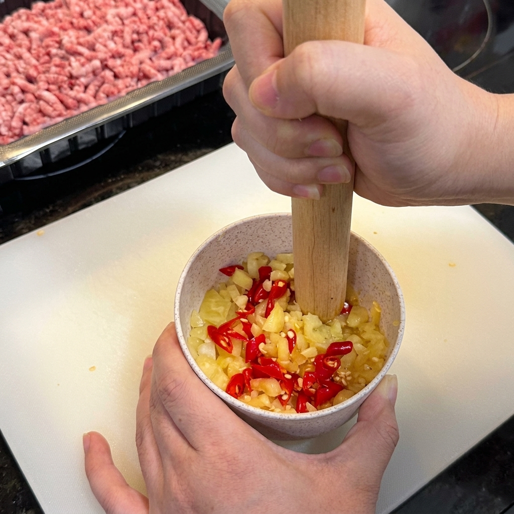 Drewniany wałek dociskający kawałki czosnku i chili w misce.