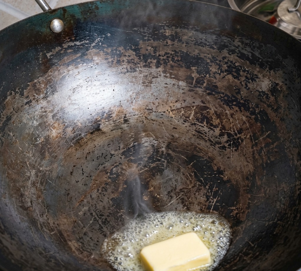 Surowy stek kładziony na wok ze skwierczącym, topiącym się masłem.