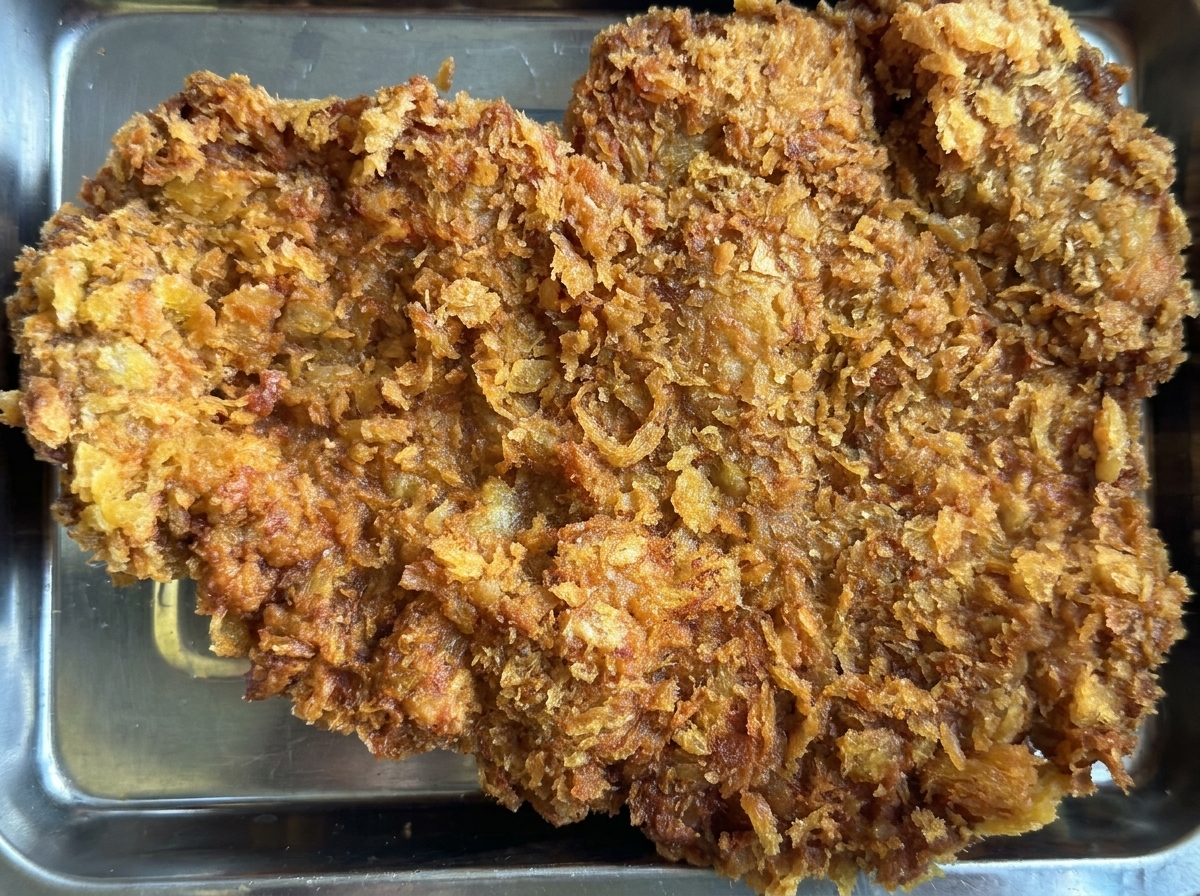 Złocisty kotlet wołowy na metalowej tacce, skrapiany sosem miętowo-jogurtowym i musztardą miodową.