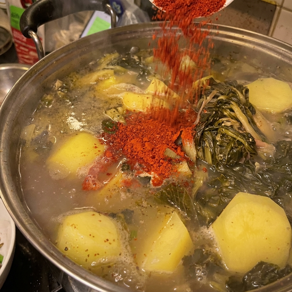 Jasnoczerwony proszek chili wsypywany do garnka z ziemniakami i mięsem.