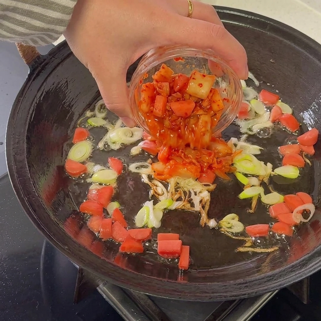 Posiekane kimchi dodawane na patelnię do kiełbasy i szczypiorku.