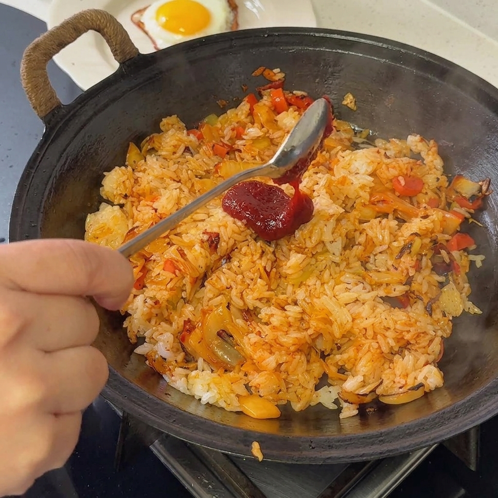 Pasta gochujang dodawana do ryżu na patelni.