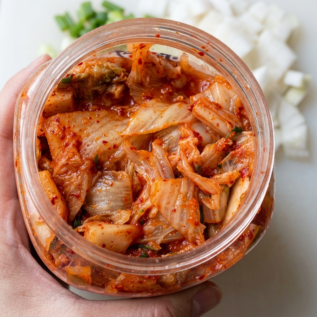 Widok z góry na składniki sosu—kimchi, gochujang, sos sojowy, cukier i majonez—w białej miseczce.