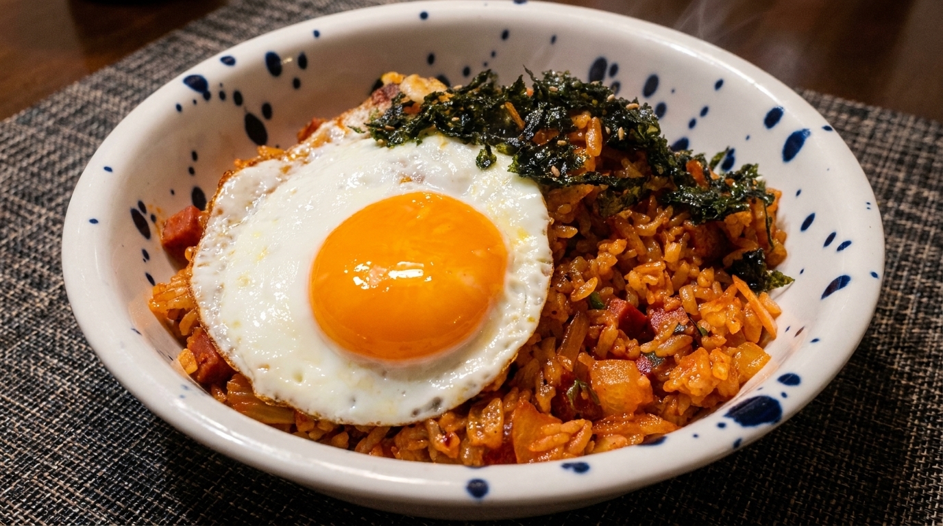 Autentyczny smażony ryż z kimchi i spamem (Kimchi Bokkeumbap)