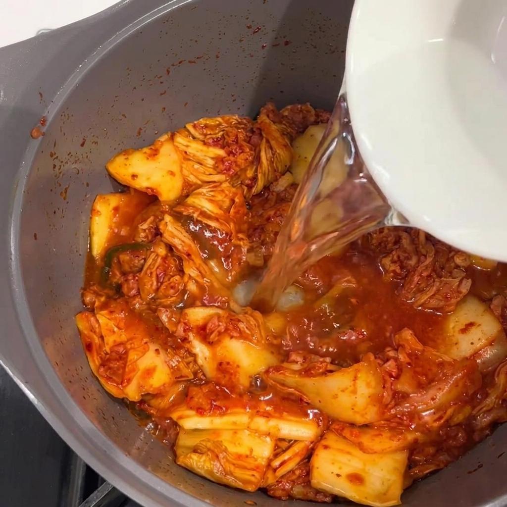 Wlewanie wody do garnka z podsmażonym Spamem i kimchi.