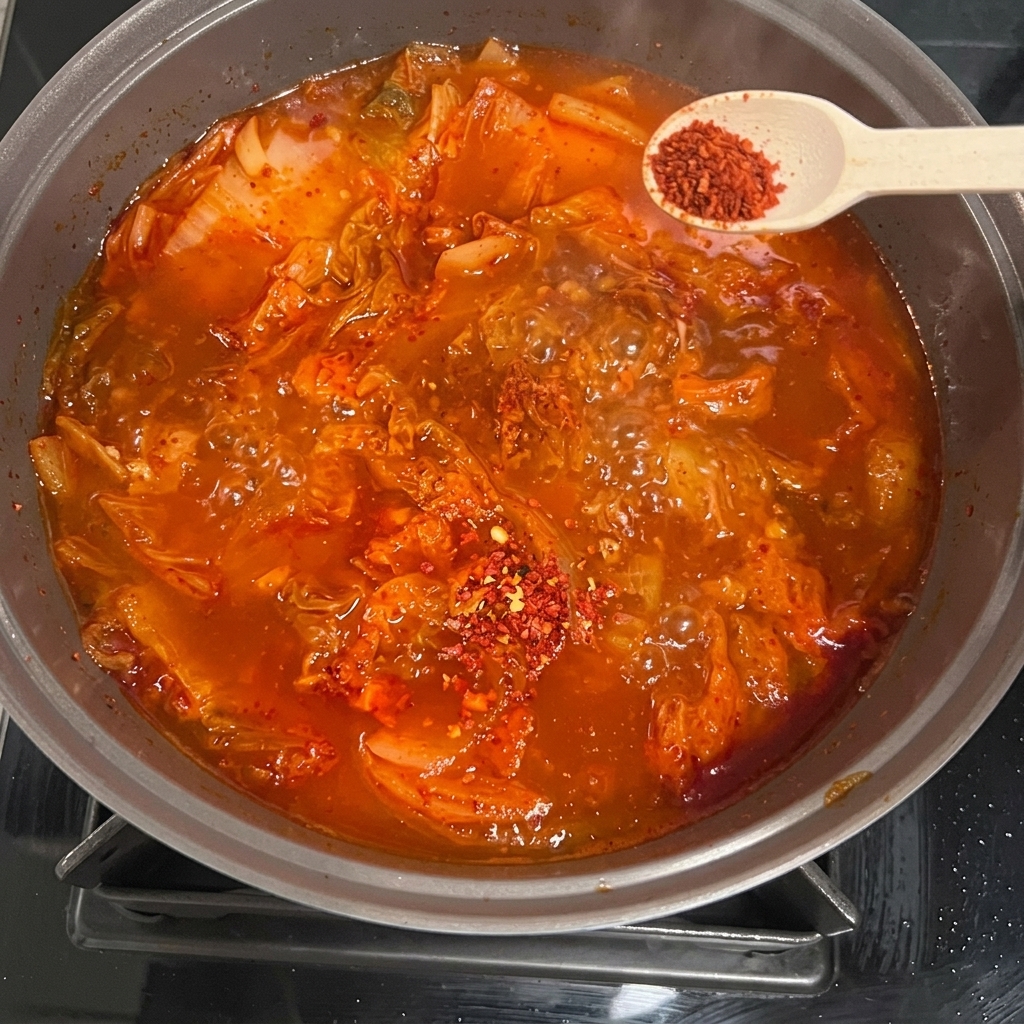 Dodawanie jasnego sosu sojowego i proszku chili do gulaszu.