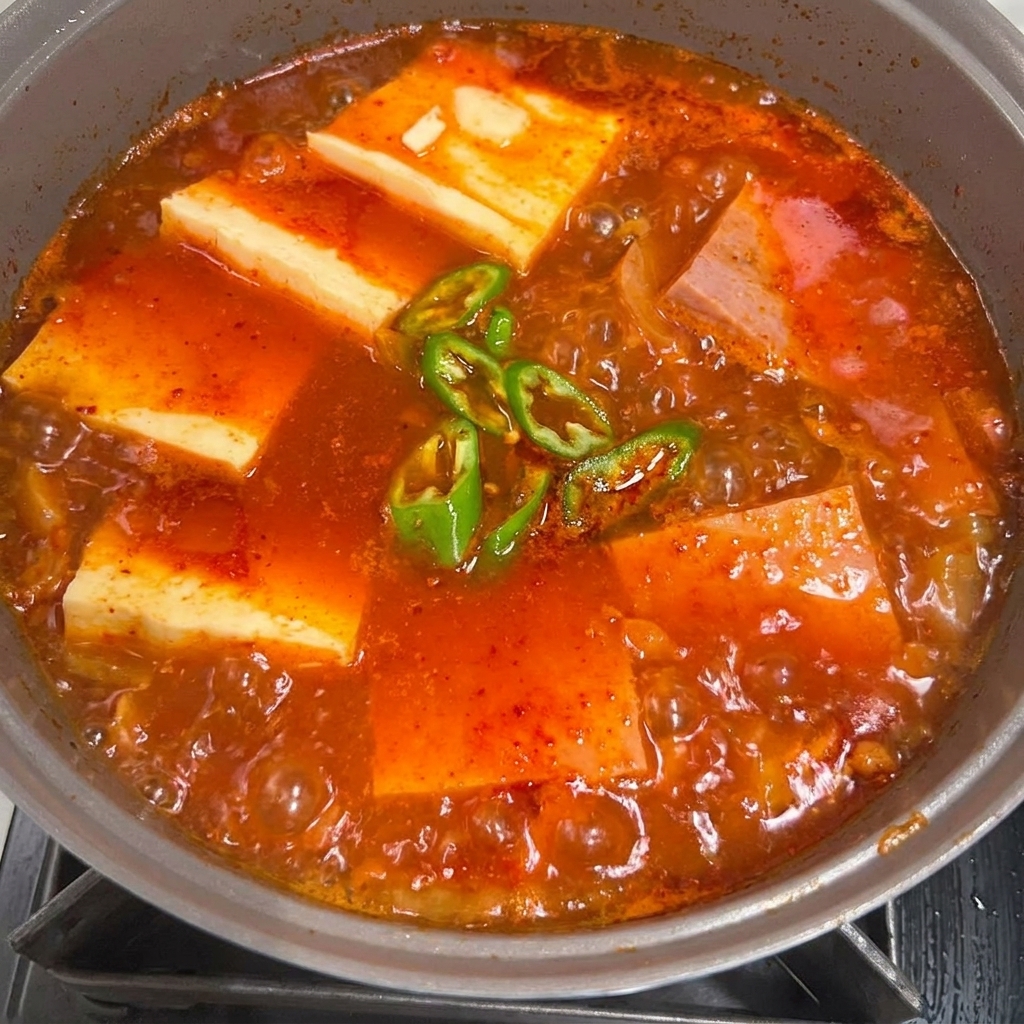 Gulasz z kimchi i Spamem udekorowany świeżym szczypiorkiem i chili.