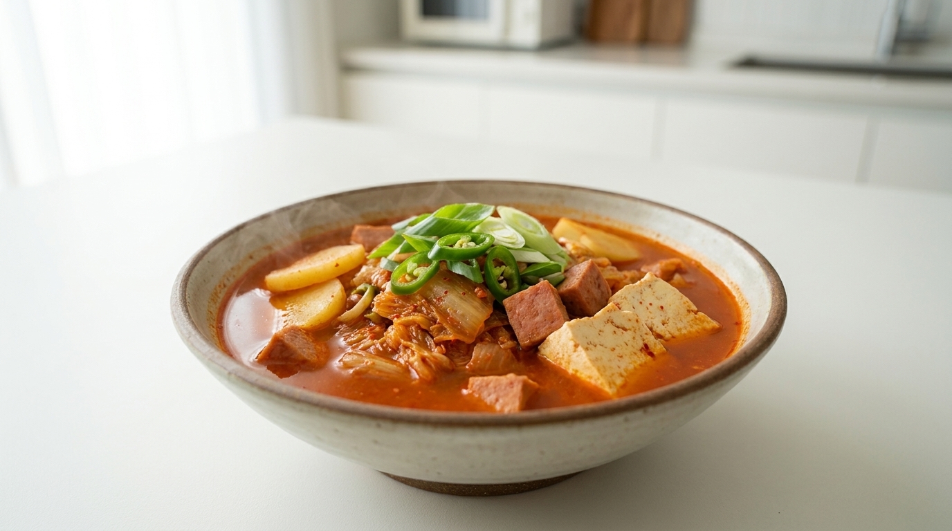 Miska pełna gulaszu z kimchi i Spamem, posypana szczypiorkiem i plastrami chili, podana z ryżem.