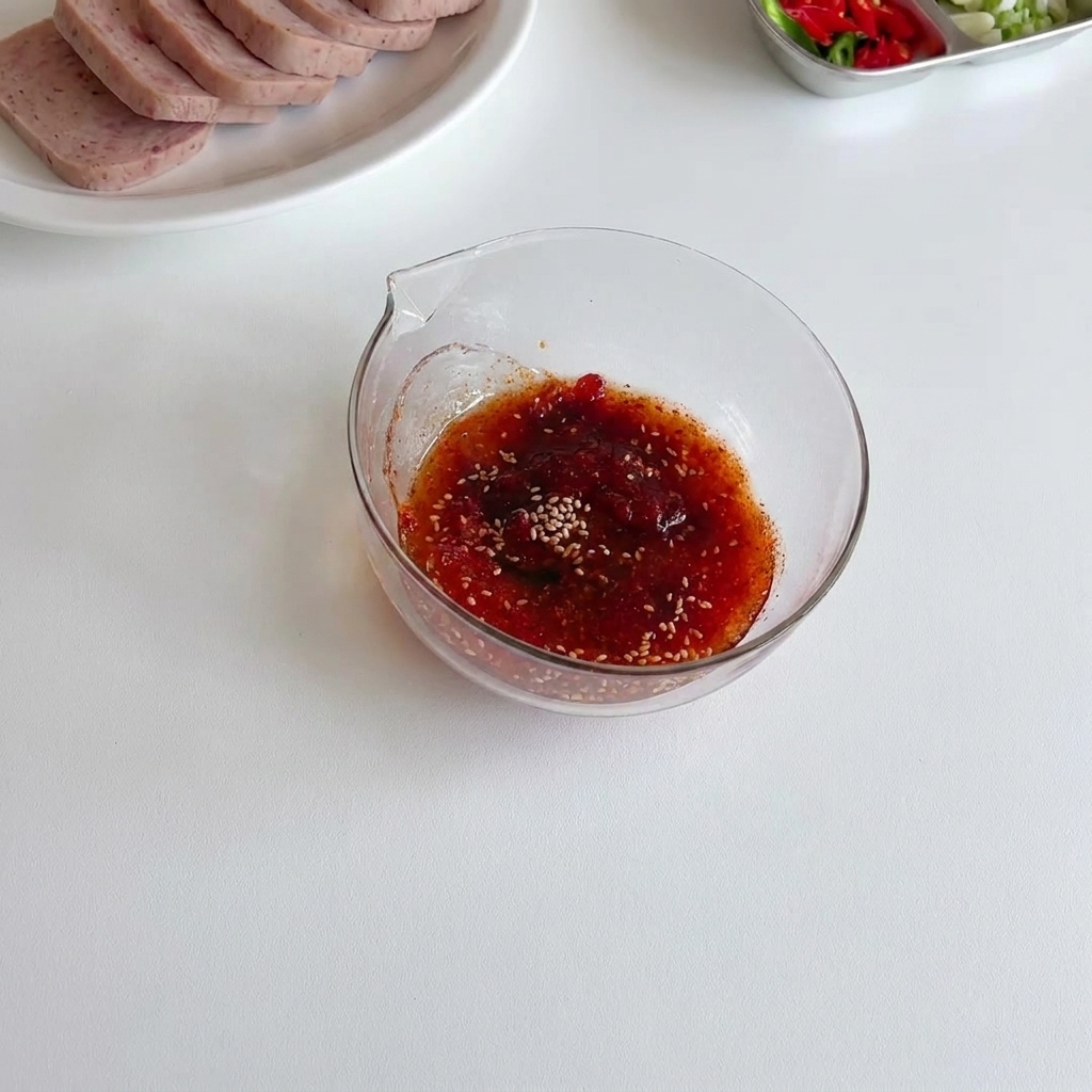 Miarka wlewa świeżą wodę do szklanej miski zawierającej czerwoną mieszankę przypraw i koreańskiej pasty chili.